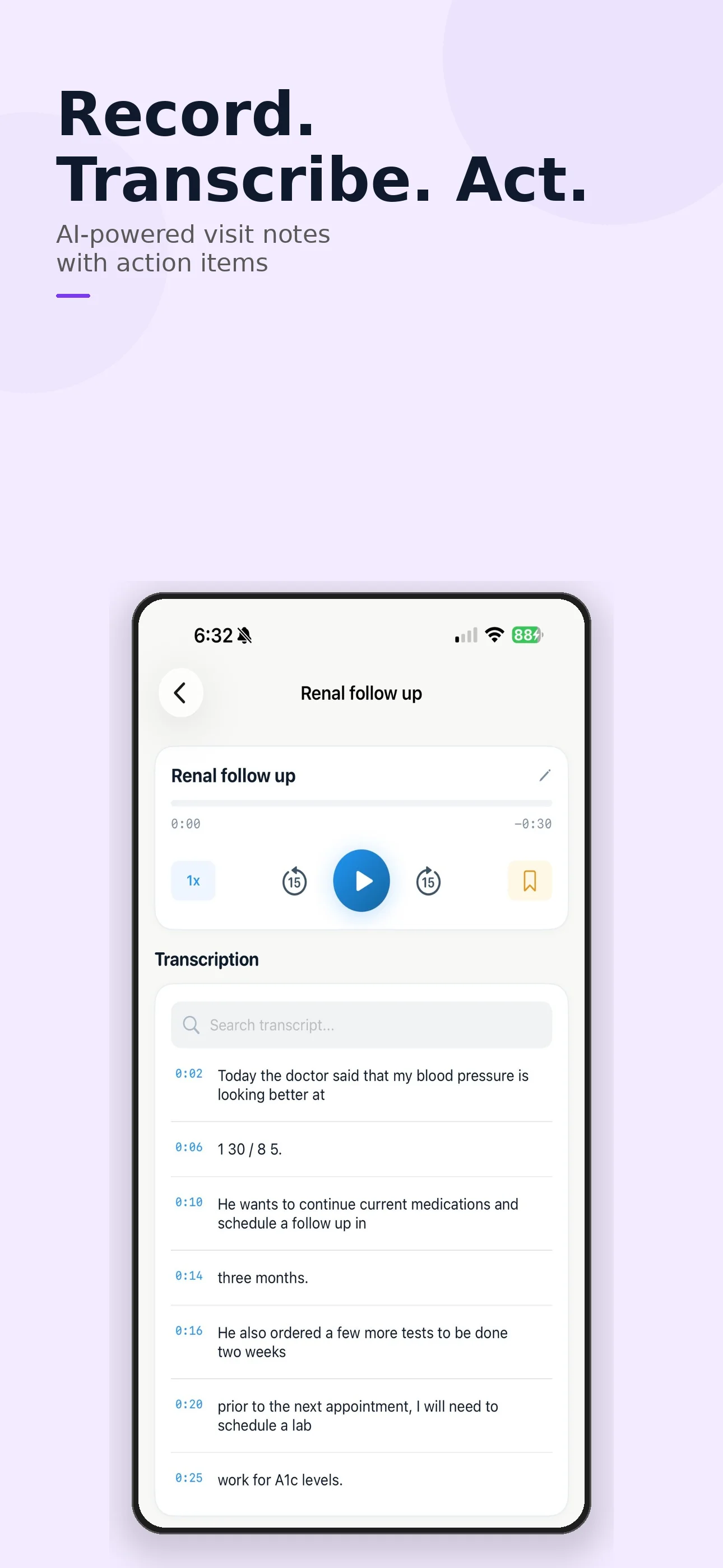 Esperanza Health visit recording screen with playback controls and a timestamped transcript