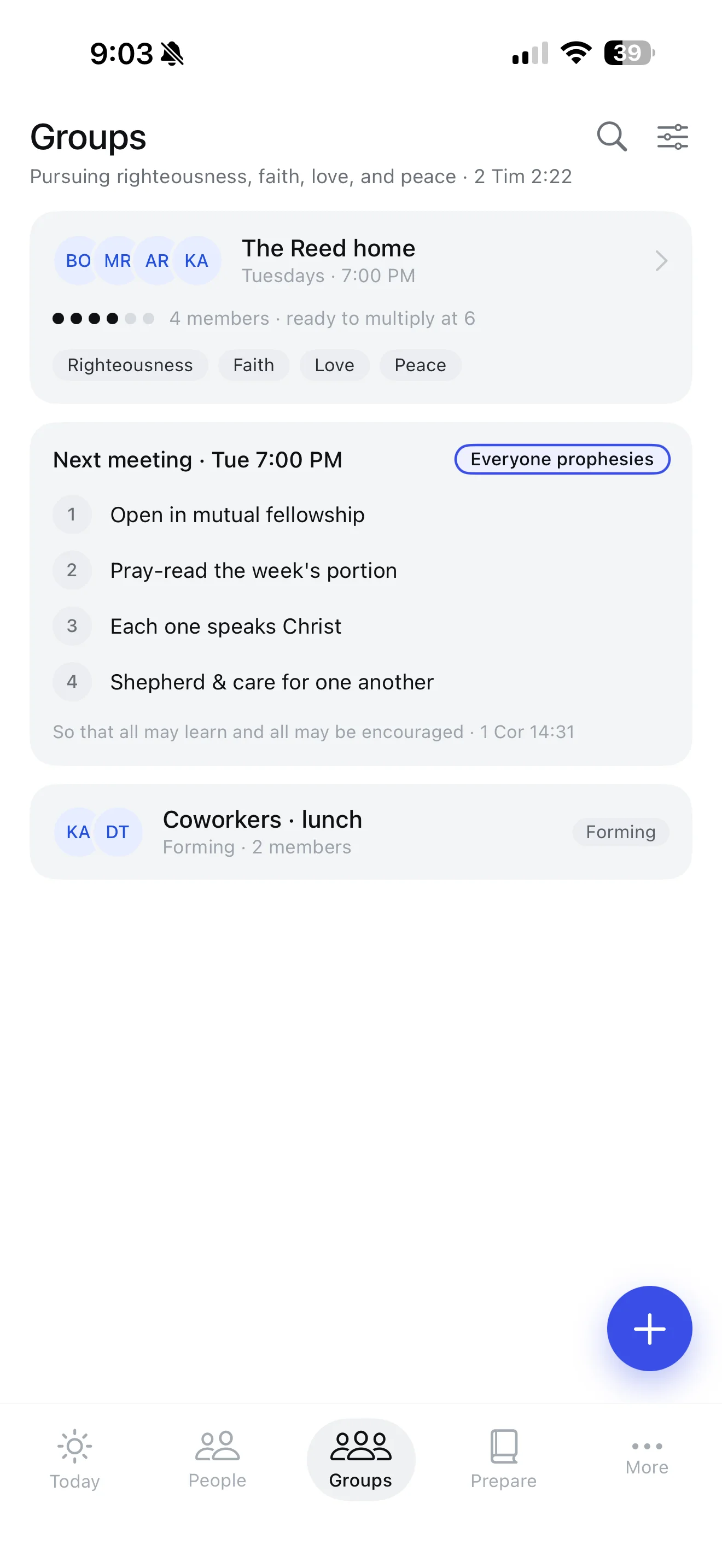 Lampstand Groups screen with meeting preparation, group members, and a next-meeting outline