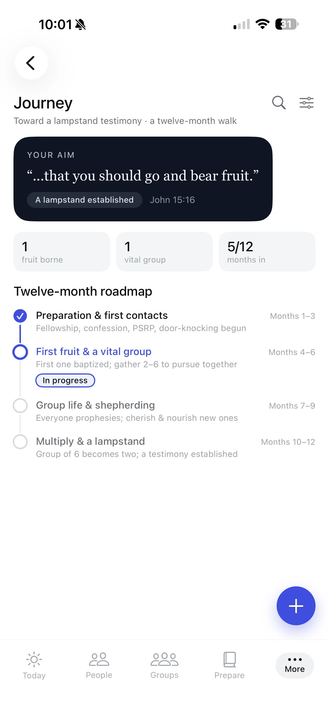 Lampstand Journey screen showing a twelve-month church-planting roadmap